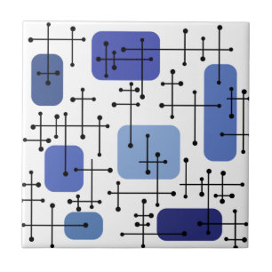1950s Eames Era Art Crosshairs White Blue Ceramic Tile