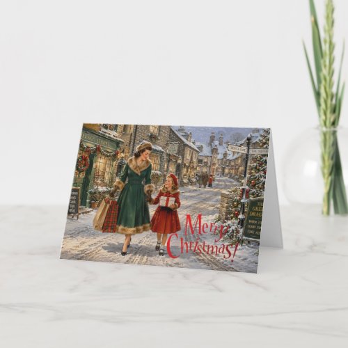 1950s English Village Mother Christmas Shopping Holiday Card