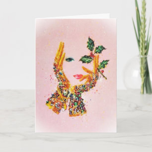 1950s Fashionable Woman Holly 'Tis the Season Letterpress Thank You Card