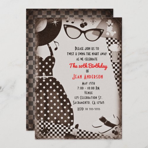 1950s Fifties Dress Up Retro Vintage Black White Invitation