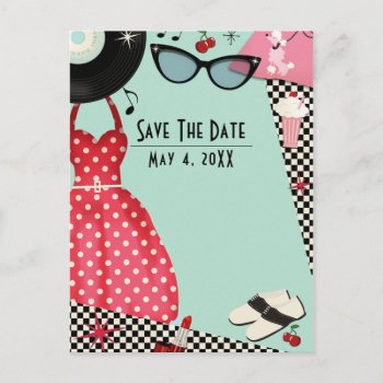 1950's Fifties Dress Up Retro Vintage Save Date Announcement Postcard by printabledigidesigns at Zazzle