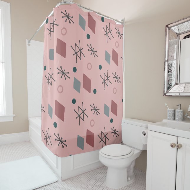 1950s Geometric Abstract Art Pink Gray Shower Curtain (In Situ)