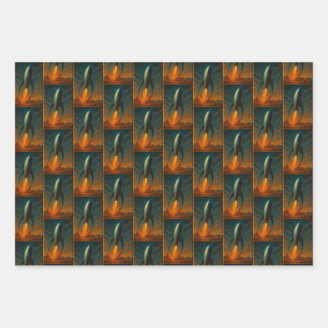 1950s inspired rocket ship  wrapping paper sheets (Front)