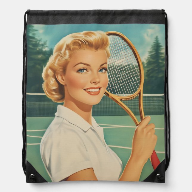 1950s Magazine Illustration Tennis Woman Drawstring Bag (Front)