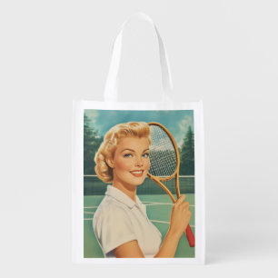 1950s Magazine Illustration Tennis Woman Grocery Bag