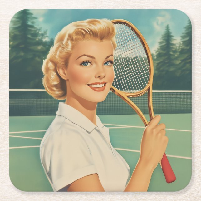 1950s Magazine Illustration Tennis Woman Square Paper Coaster (Front)