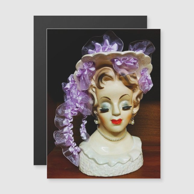 1950s MCM Beauty Hat Purple Ribbons Lady Head Vase (Front/Back)