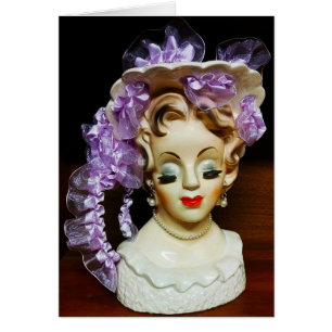 1950s MCM Beauty Hat Purple Ribbons Lady Head Vase Cards