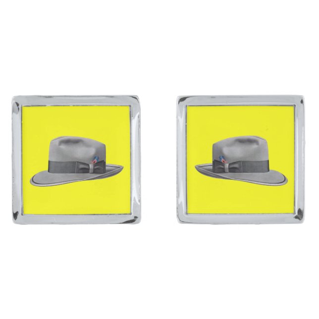 1950s mens fedora hat print silver cufflinks (Front)