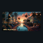 1950s Miami Beach art deco hotel at sunrise Poster<br><div class="desc">Oil painting of a 1950s era art deco style seaside resort hotel in Miami Beach in hard pastel colors and black. View is over an elongated pool of the sun rising over the Atlantic Ocean.</div>