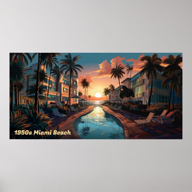 1950s Miami Beach art deco hotel at sunrise Poster (Front)