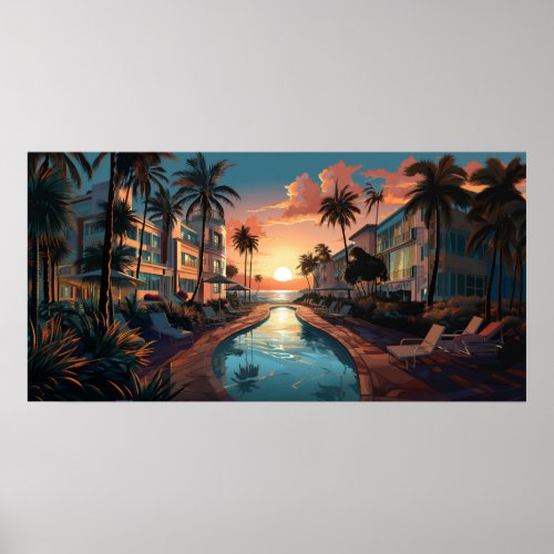1950s Miami Beach art deco hotel at sunrise Poster