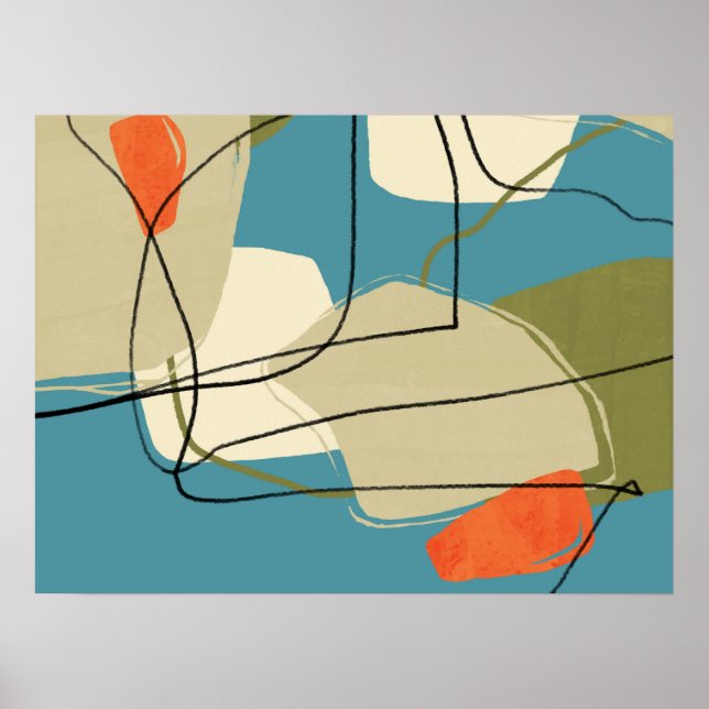 1950s Mid Century Modern Abstract Blue and Beige Poster (Front)