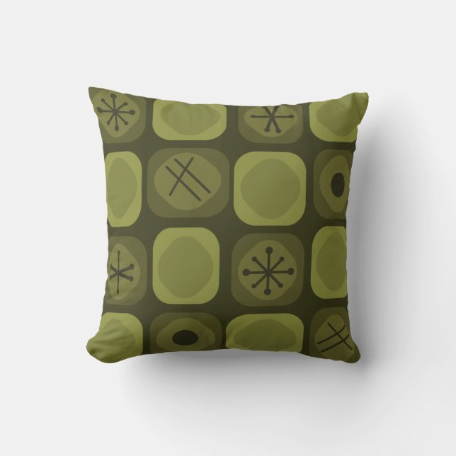 1950s Mod Art Soft Cubes Olive Green Throw Pillow (Front)