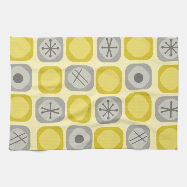 1950s Mod Art Soft Cubes Yellow Gray Kitchen Towel (Horizontal)