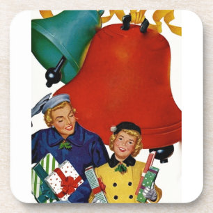 1950s Mom and Daughter Xmas Shopping Beverage Coaster