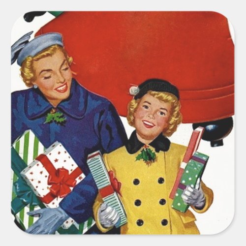 1950s Mom and Daughter Xmas Shopping Square Sticker