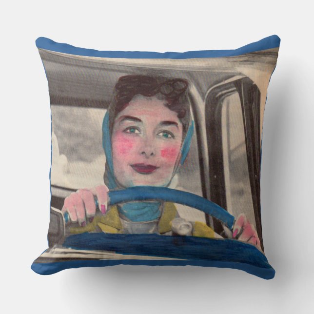 1950s Mom at the wheel print Throw Pillow (Front)
