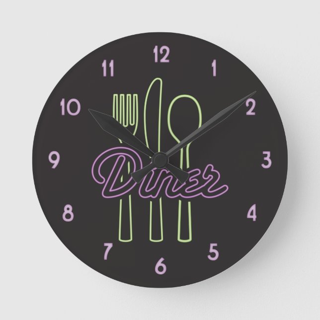 1950s Neon Diner Green, purple silverware Round Clock (Front)