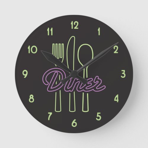 1950s Neon Diner Green purple silverware Round Clock