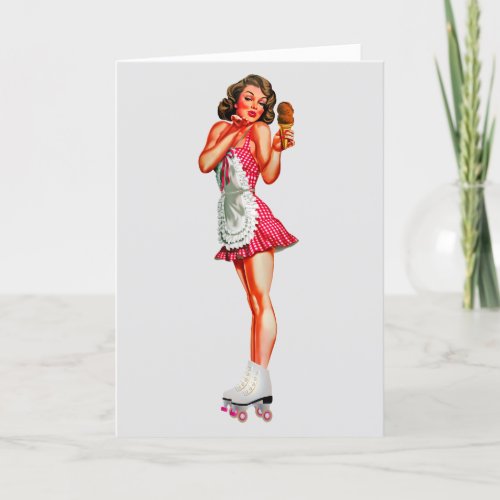 1950S PINUP CARHOP ROLLER SKATE GIRL BIRTHDAY CARD