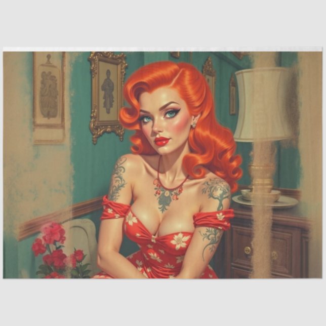 1950s Pinup with Red Hair Decoupage  Tissue Paper (Front)