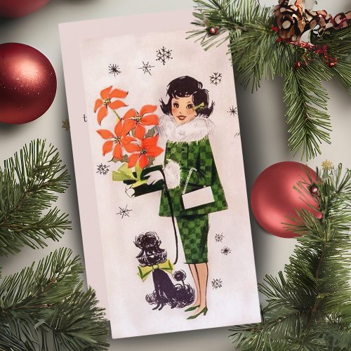 1950s Poinsettia And Poodle Lady Custom Christmas Holiday Card