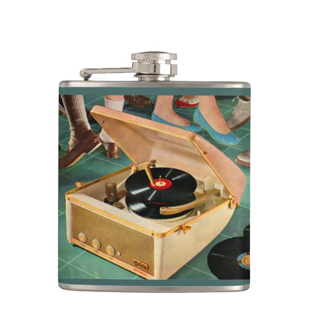 1950s portable record player ad flask (Front)