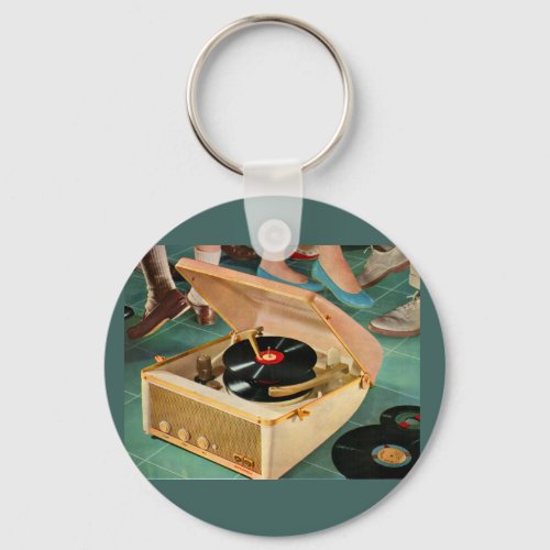 1950s portable record player ad keychain