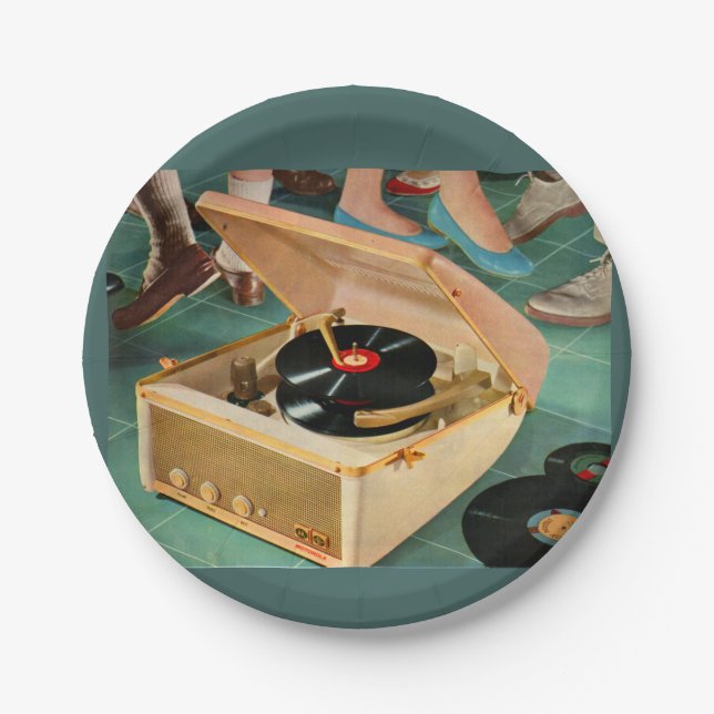 1950s portable record player ad paper plates (Front)