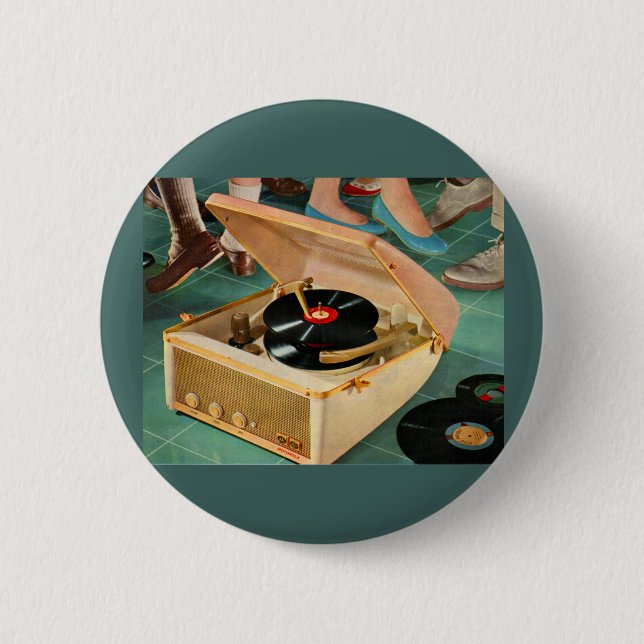 1950s portable record player ad pinback button (Front)