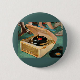 1950s portable record player ad pinback button