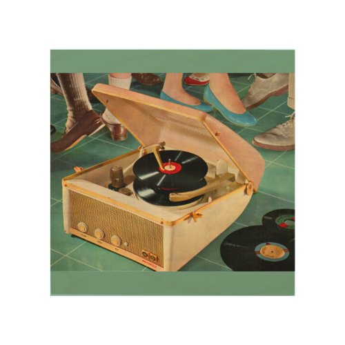 1950s portable record player ad wood wall art