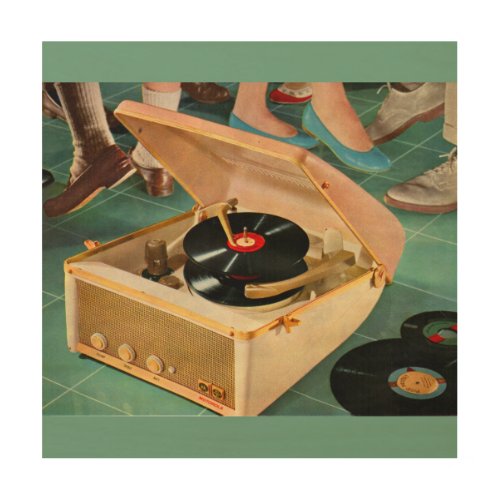 1950s portable record player ad wood wall art