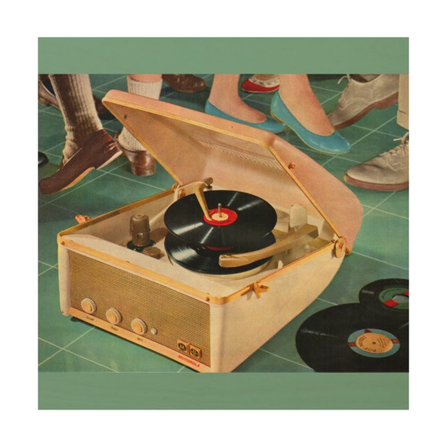 1950s portable record player ad wood wall art (Front)
