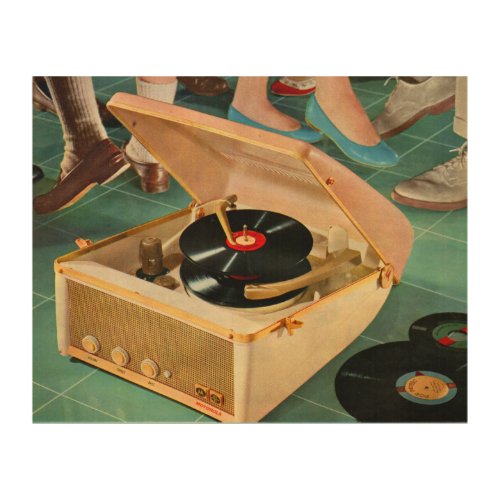 1950s portable record player ad wood wall decor