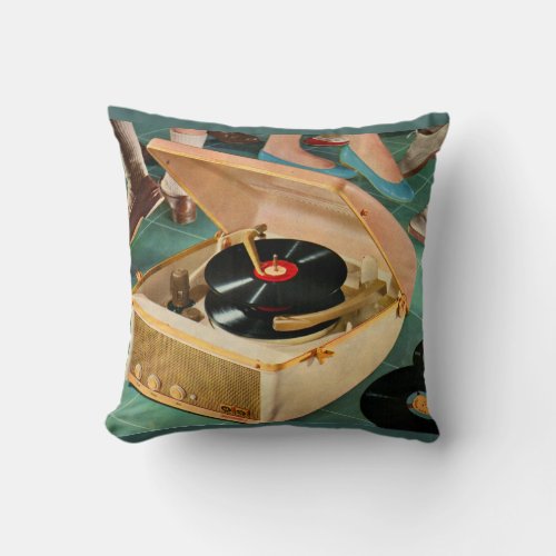 1950s portable record player with records throw pillow