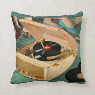 1950s portable record player with records throw pillow