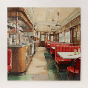 1950s Retro American Diner Watercolor Jigsaw Puzzle