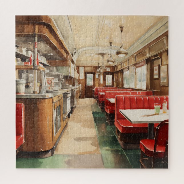 1950s Retro American Diner Watercolor Jigsaw Puzzle (Vertical)