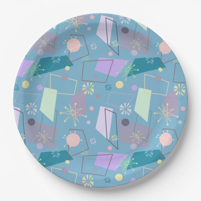 1950s Retro Atomic Pattern in Blue and Purple Paper Plates (Front)