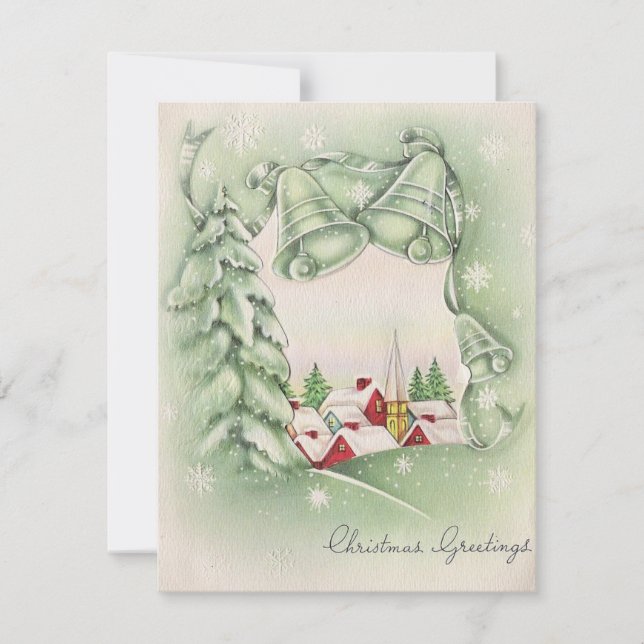 1950s Retro Christmas Town Bells Holiday Card (Front)