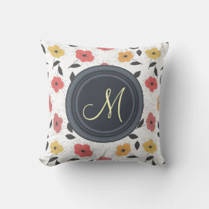 1950s Retro Coral and Lemon Vintage Floral Throw Pillow