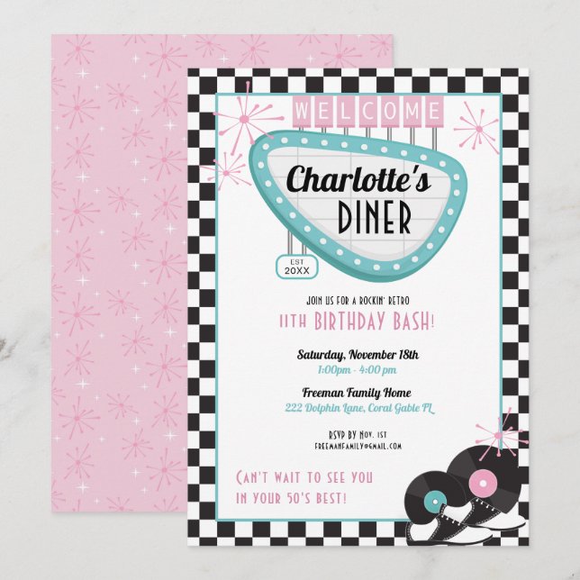1950s Retro Diner Birthday Invitation – Sock Hop R (Front/Back)