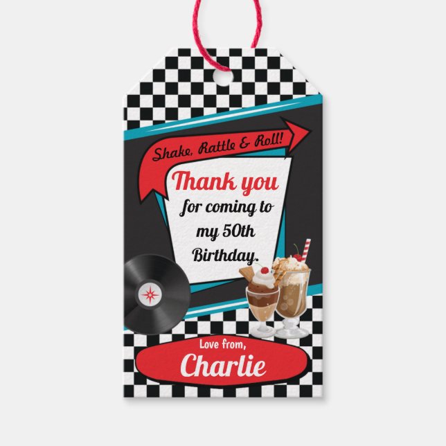 1950's Retro Diner Birthday Party Red Teal Favor Gift Tags (Front)