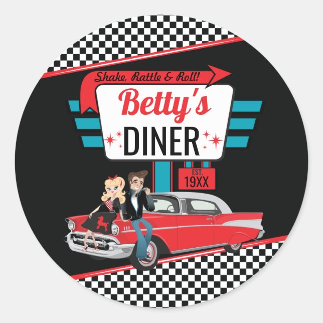 1950's Retro Diner Black & Red Sock Hop Classic Round Sticker (Front)