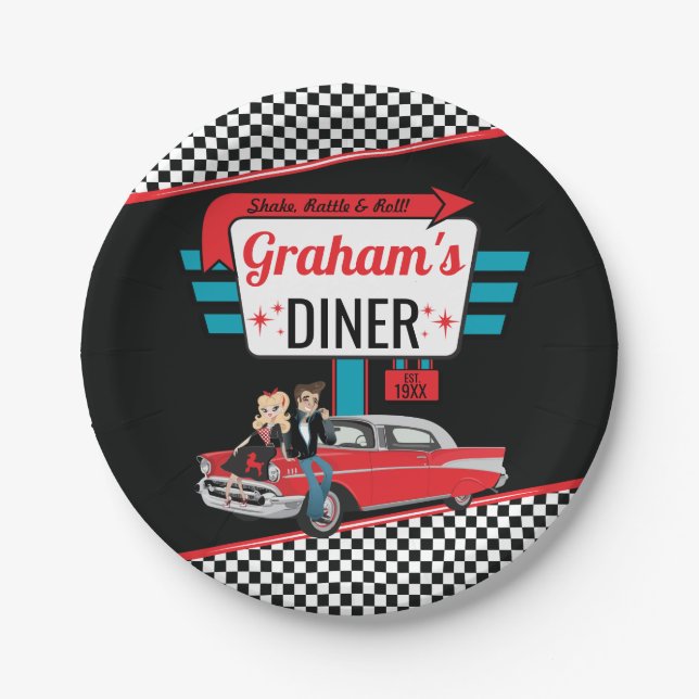 1950's Retro Diner Black, Teal, Red Birthday Party Paper Plates (Front)