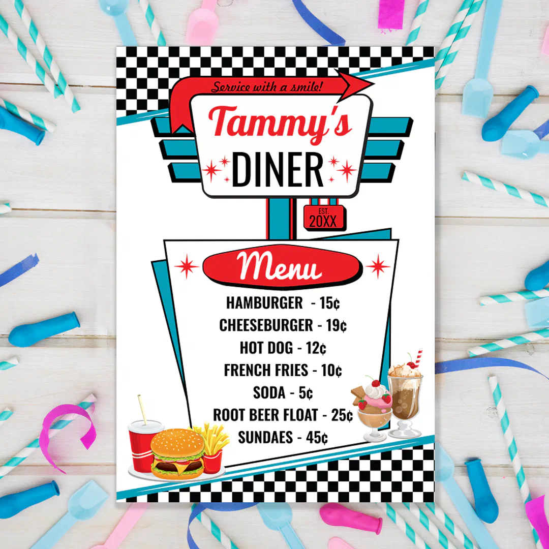 Retro 1950s diner menu card in red, black, and teal with a checkered border and classic burger, fries, and root beer float illustrations.