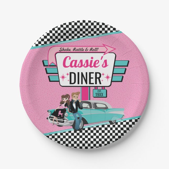 1950's Retro Diner Pink & Teal Birthday Party Paper Plates (Front)