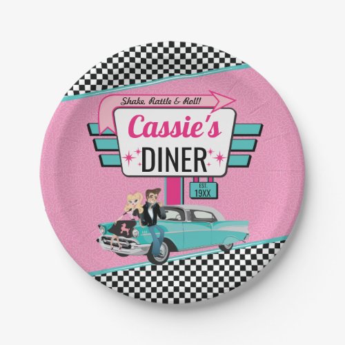 1950s Retro Diner Pink  Teal Birthday Party Paper Plates